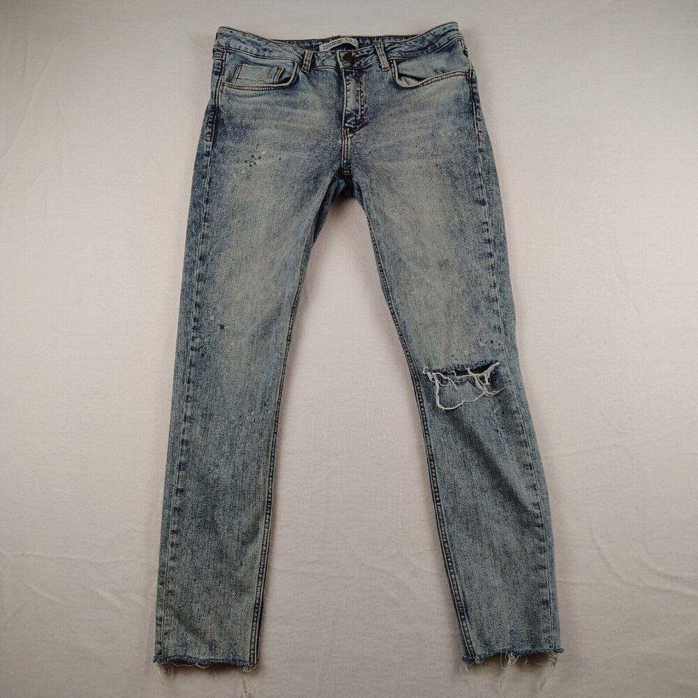 Zara Acid Wash Denim Jeans Womens 8 Basic Z1975 Raw Hem - Picture 1 of 9